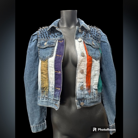 Akira Denim jacket sz MD handpainted butterfly/stripes metal spike studs OOAK - Picture 8 of 15